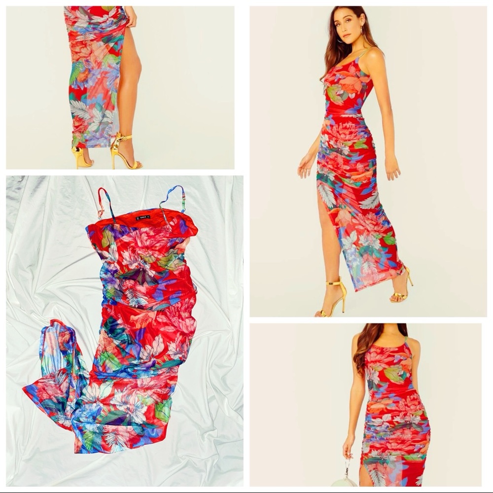 🌹SHEIN Floral Print Slit Hem Draped Dress🌹